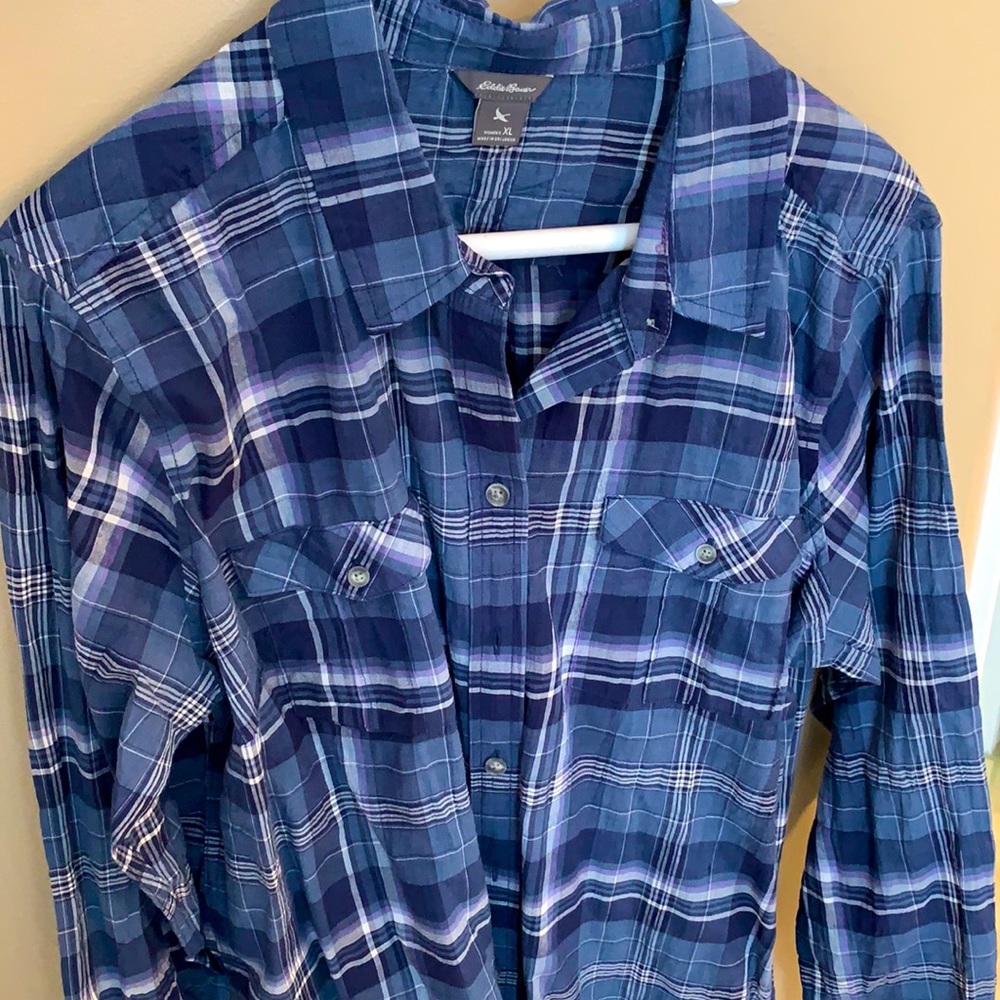 Eddie Bauer Navy Plaid Cotton Button Up - XL